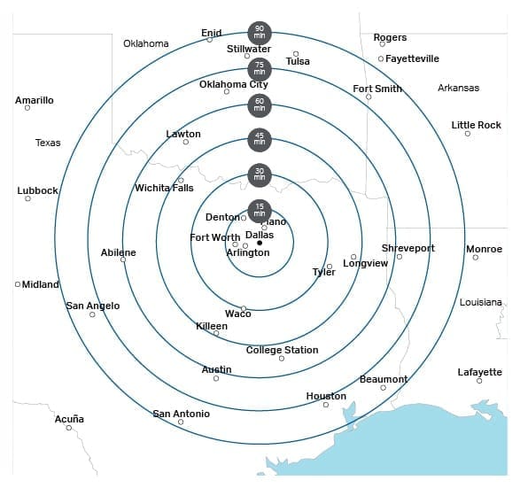 Indication de la portée du Bell 429 à Dallas
