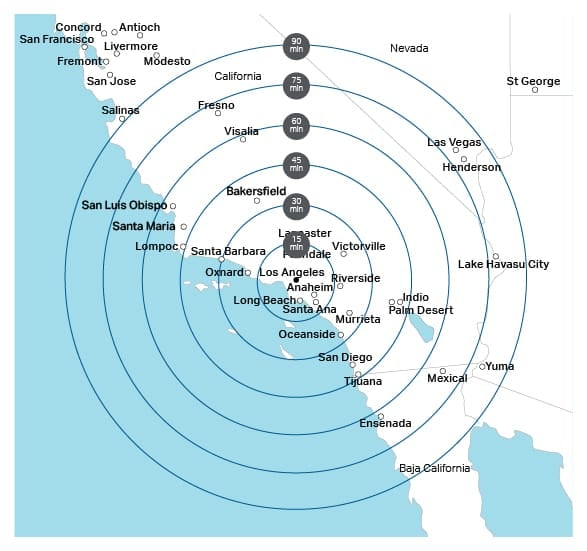 Indication de la portée du Bell 429 à Los Angeles